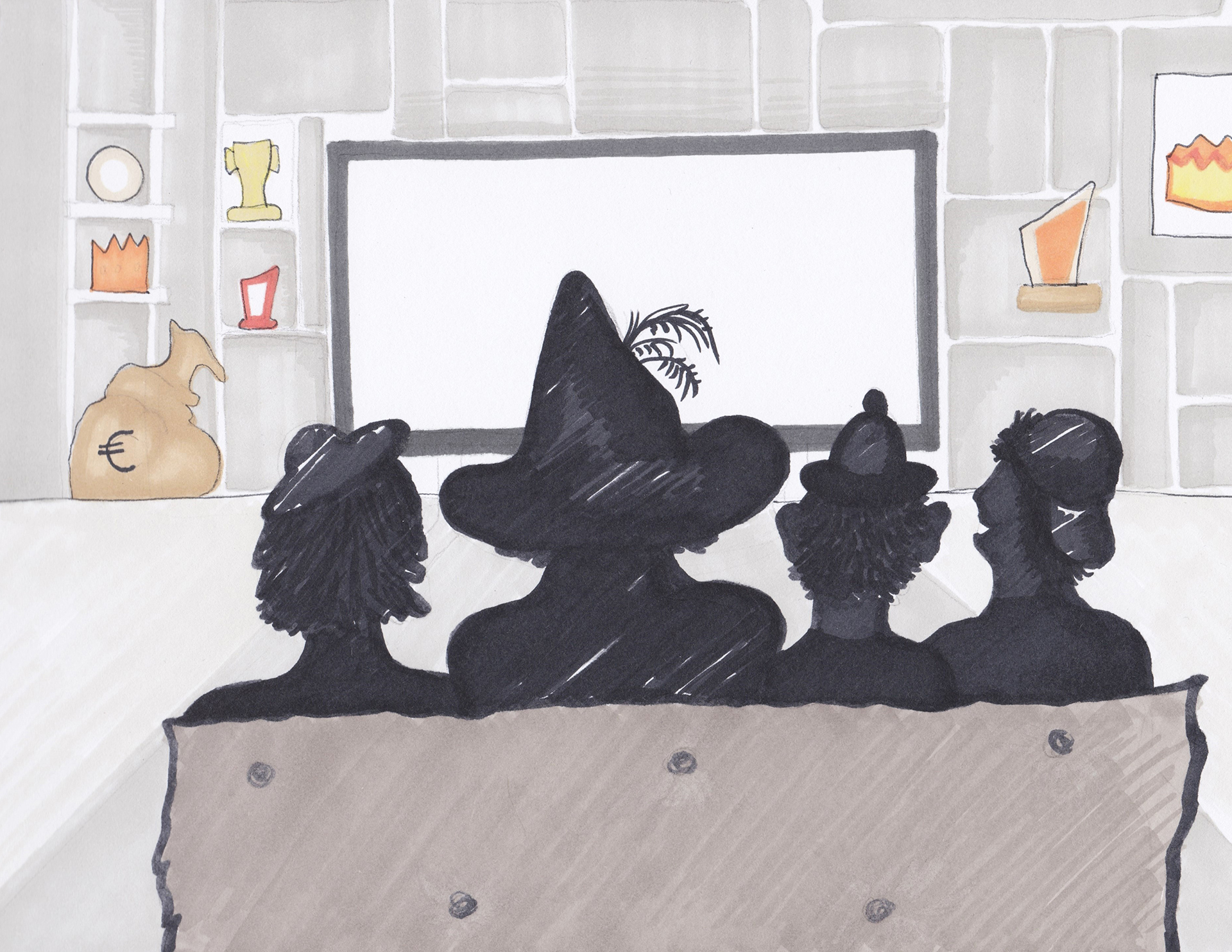 Eine Silhouette von 4 Räubern die auf einer Couch vor dem Fernseher sitzen