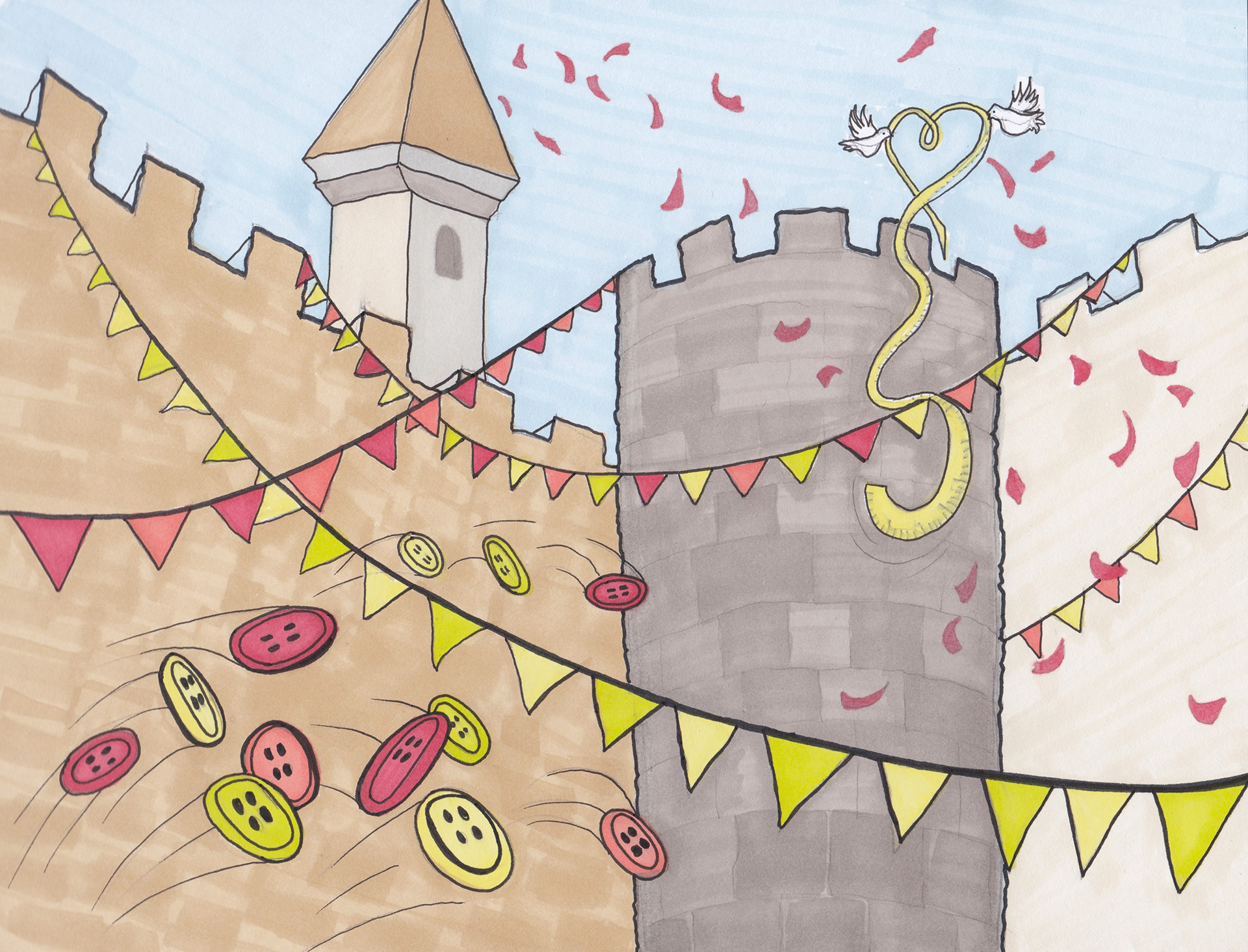 Eine Schlossmauer mit bunten Girlanden, fliegenden Knöpfen und Konfetti