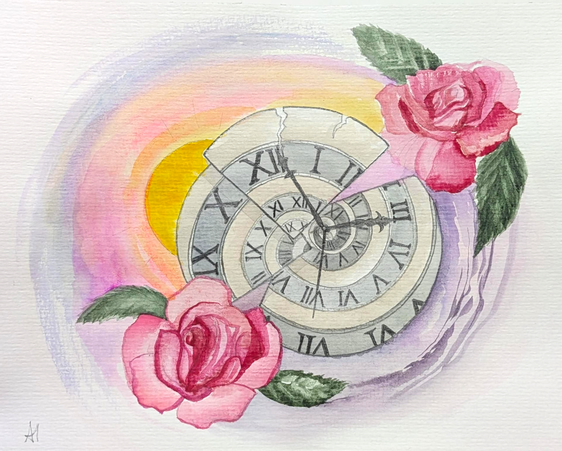 Zerbrochene Uhr und Rose