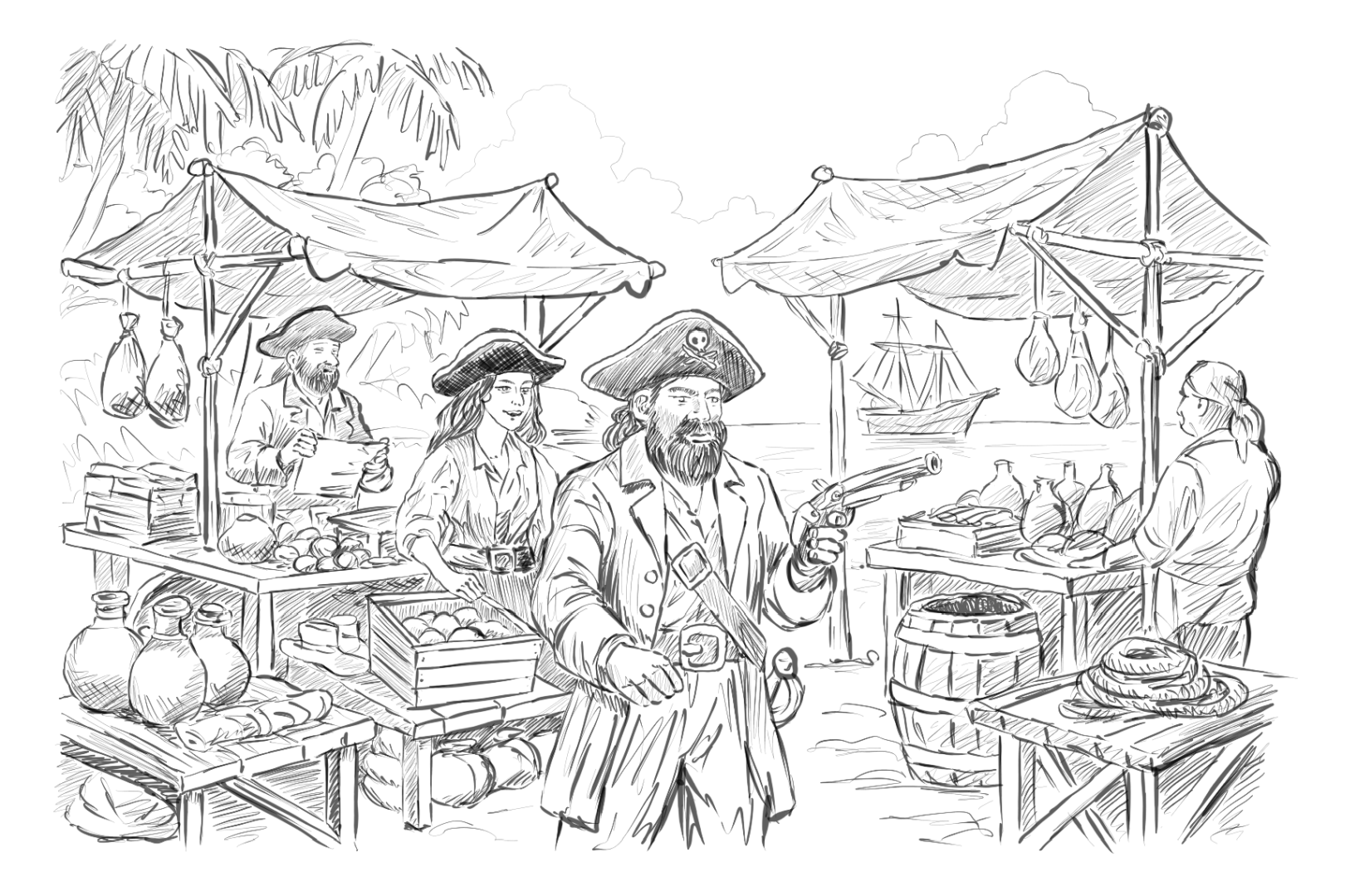 Ein Pirat läuft auf einem Markt auf dem verschiedene Waren angeboten werden. Im Hintergrund Palmen und das Meer.