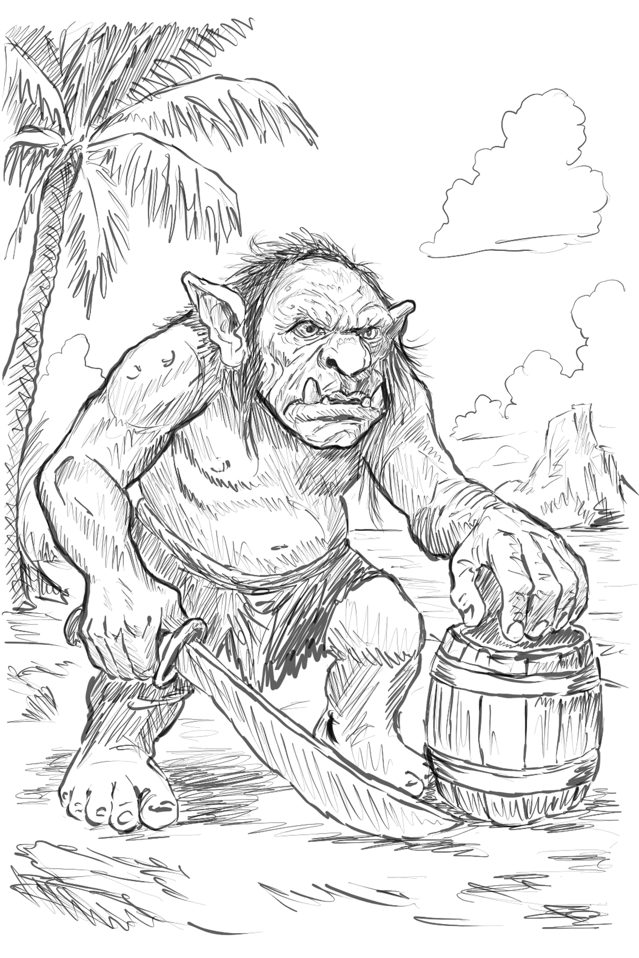 Ein großer stämmiger Troll mit nackten Oberkörper und einem großen Schwert in der Hand.