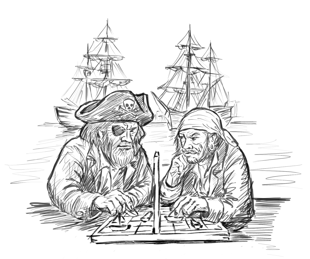 Zwei Piraten spielen Schiffe versenken als Brettspiel