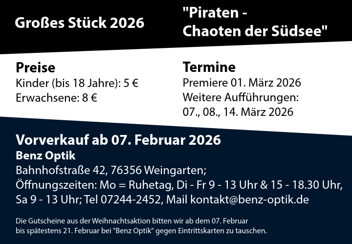 Termine & Vorverkauf für Piraten - Chaoten der Südsee: Aufführungen sind am 01., 07,, 08, und 14. März 2026. Beginn ist jeweils um 15 Uhr im Evangelischen Gemeindehaus, Einlass ab 14.30 Uhr. Karten gibt es ab dem 07. Februar im Vorverkauf bei 